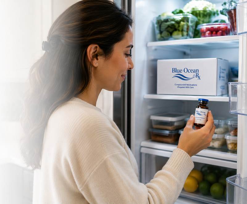 Patient storing a Blue Ocean Rx medication in the refrigerator