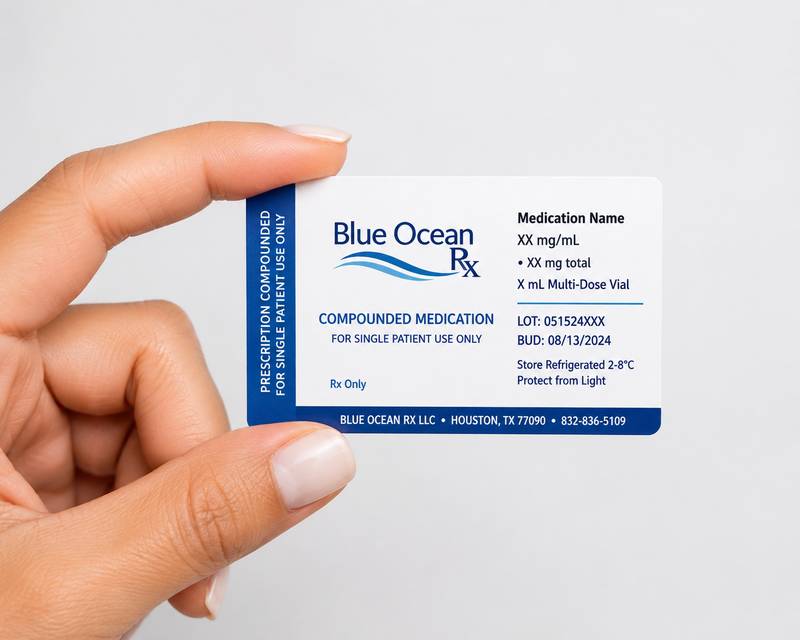 Example Blue Ocean Rx compounded medication label showing medication name, lot, BUD and storage instructions